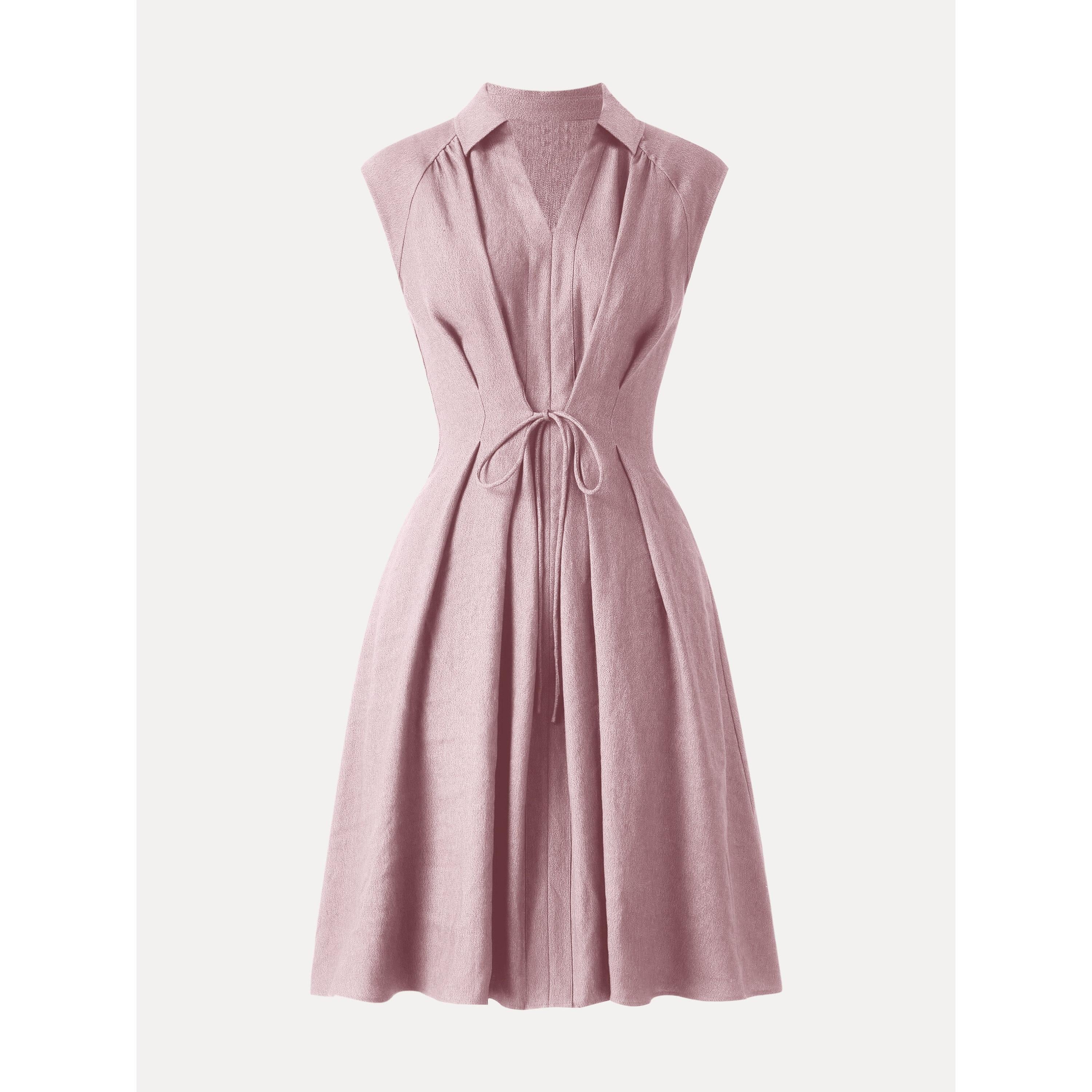 Viscose-Linen Collared V-neck Midi Dress with Drawstring - Image 15
