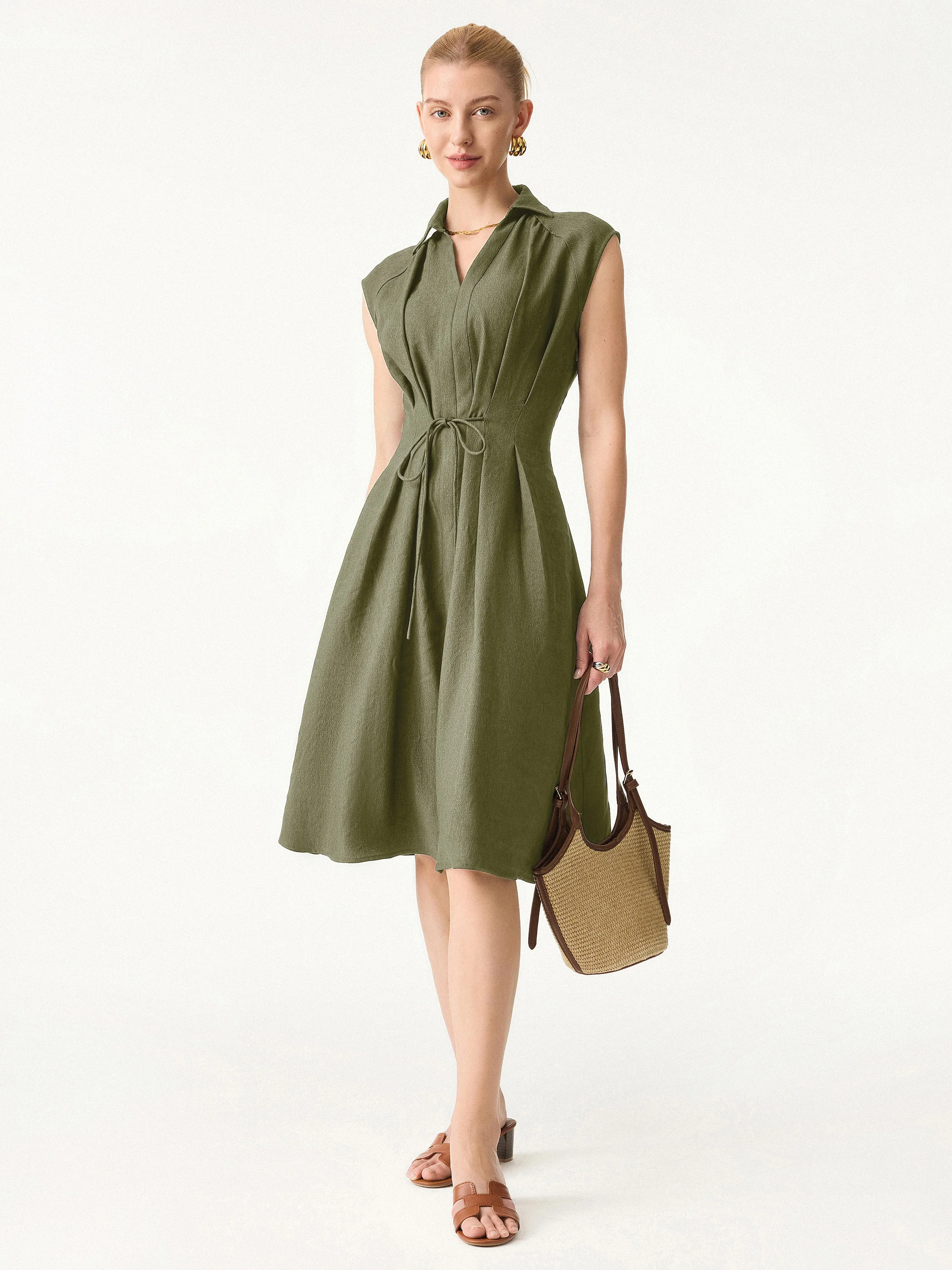 Viscose-Linen Collared V-neck Midi Dress with Drawstring - Image 16