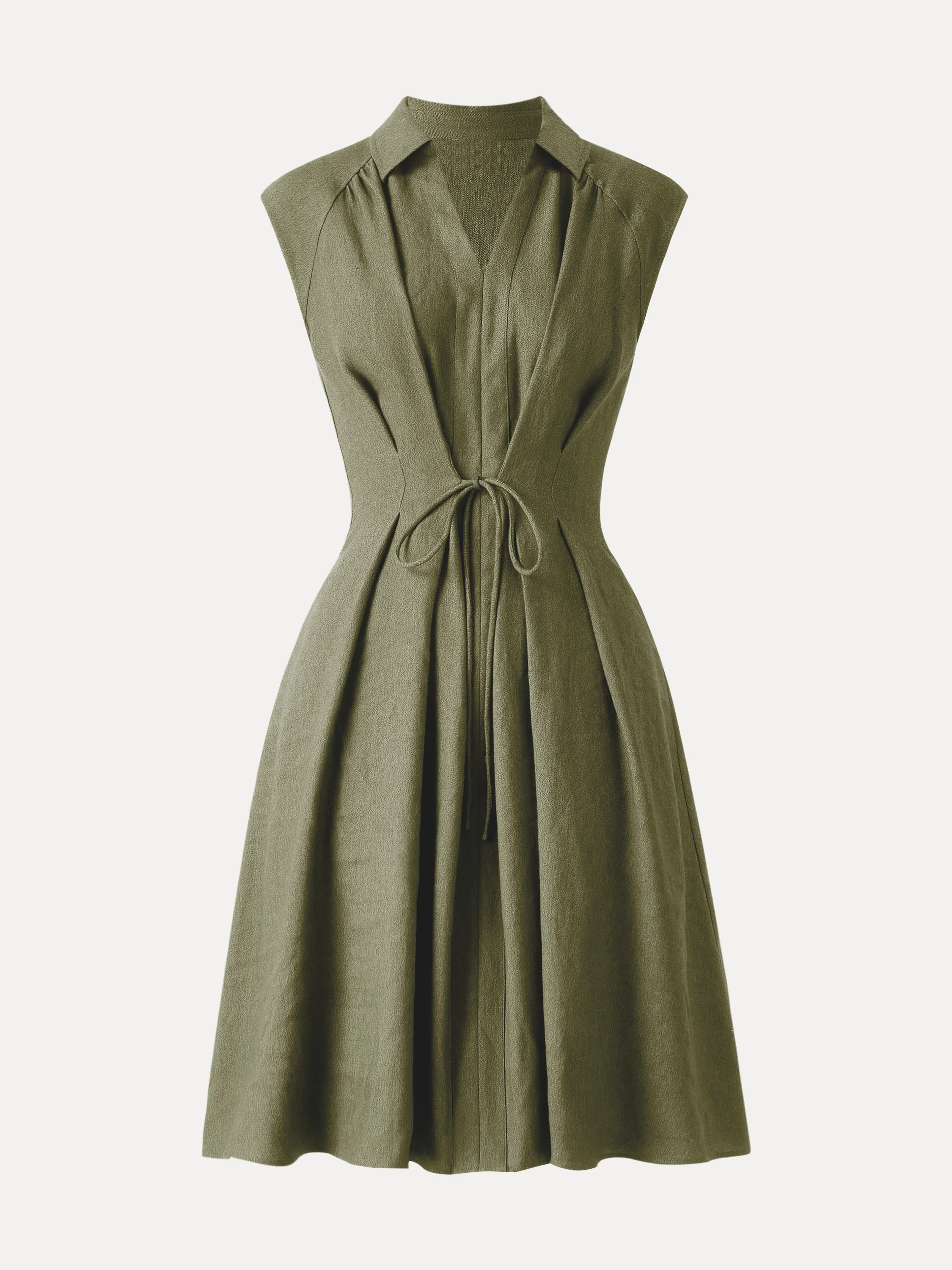 Viscose-Linen Collared V-neck Midi Dress with Drawstring - Image 17