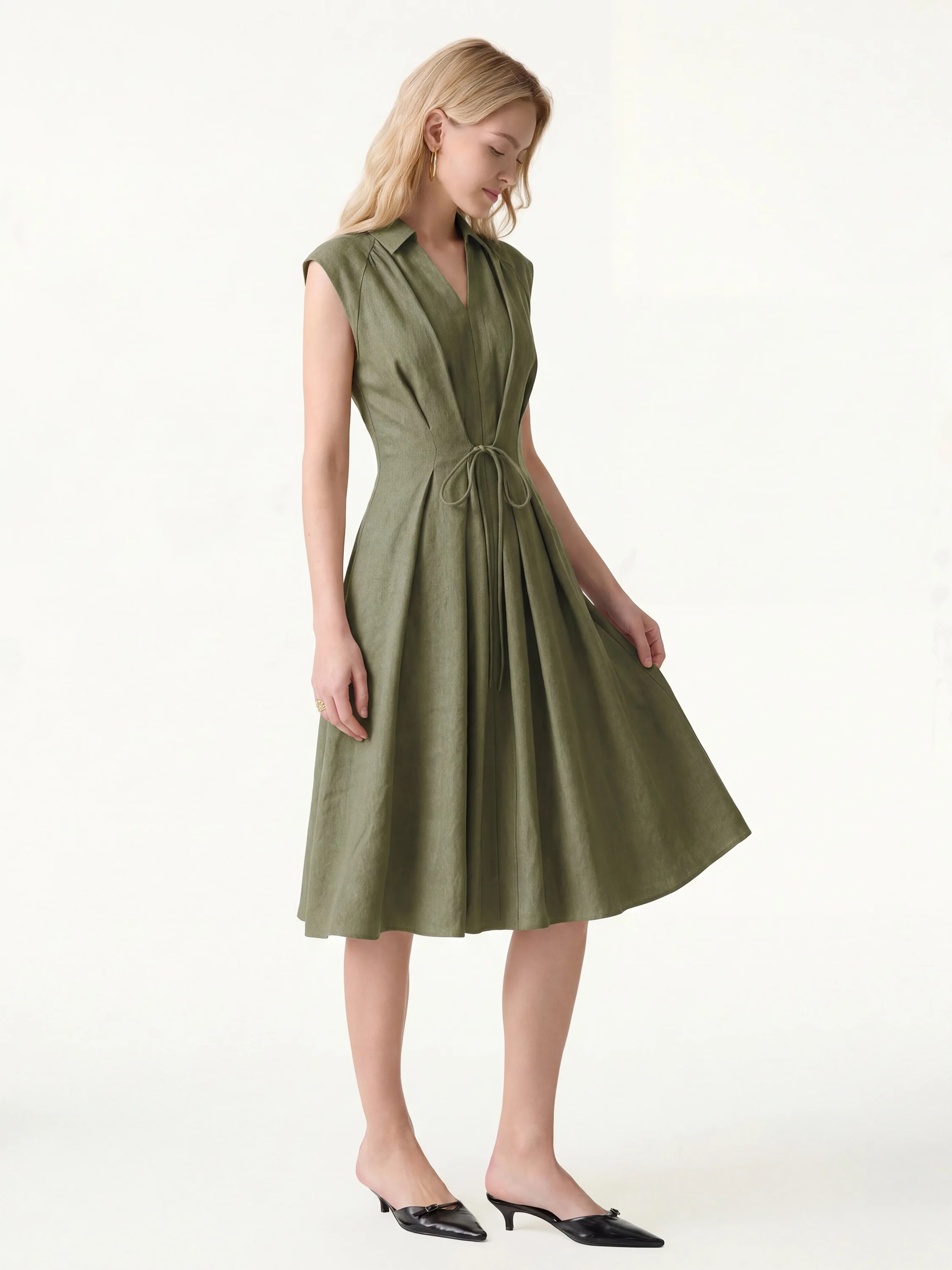 Viscose-Linen Collared V-neck Midi Dress with Drawstring - Image 18