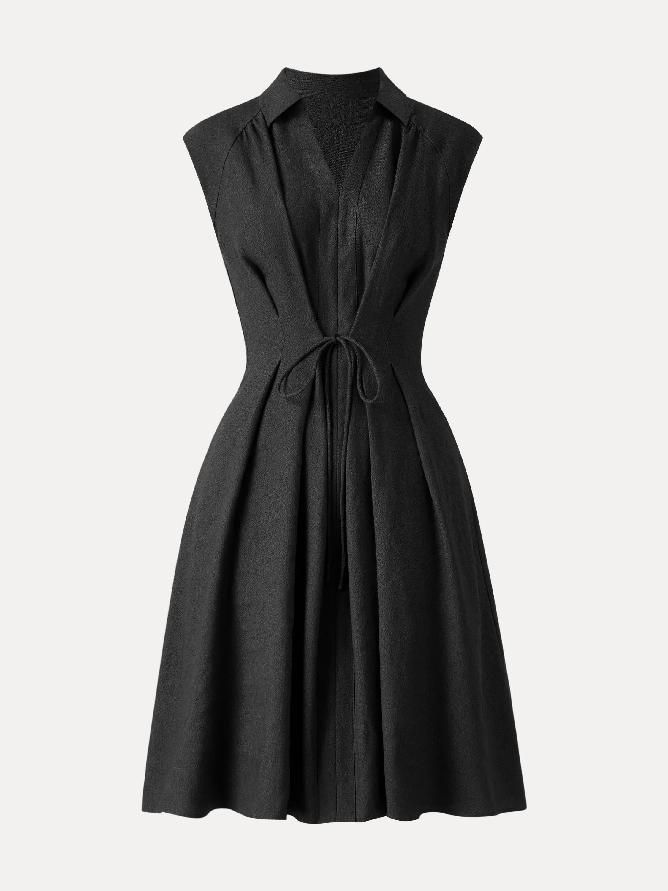 Viscose-Linen Collared V-neck Midi Dress with Drawstring - Image 19