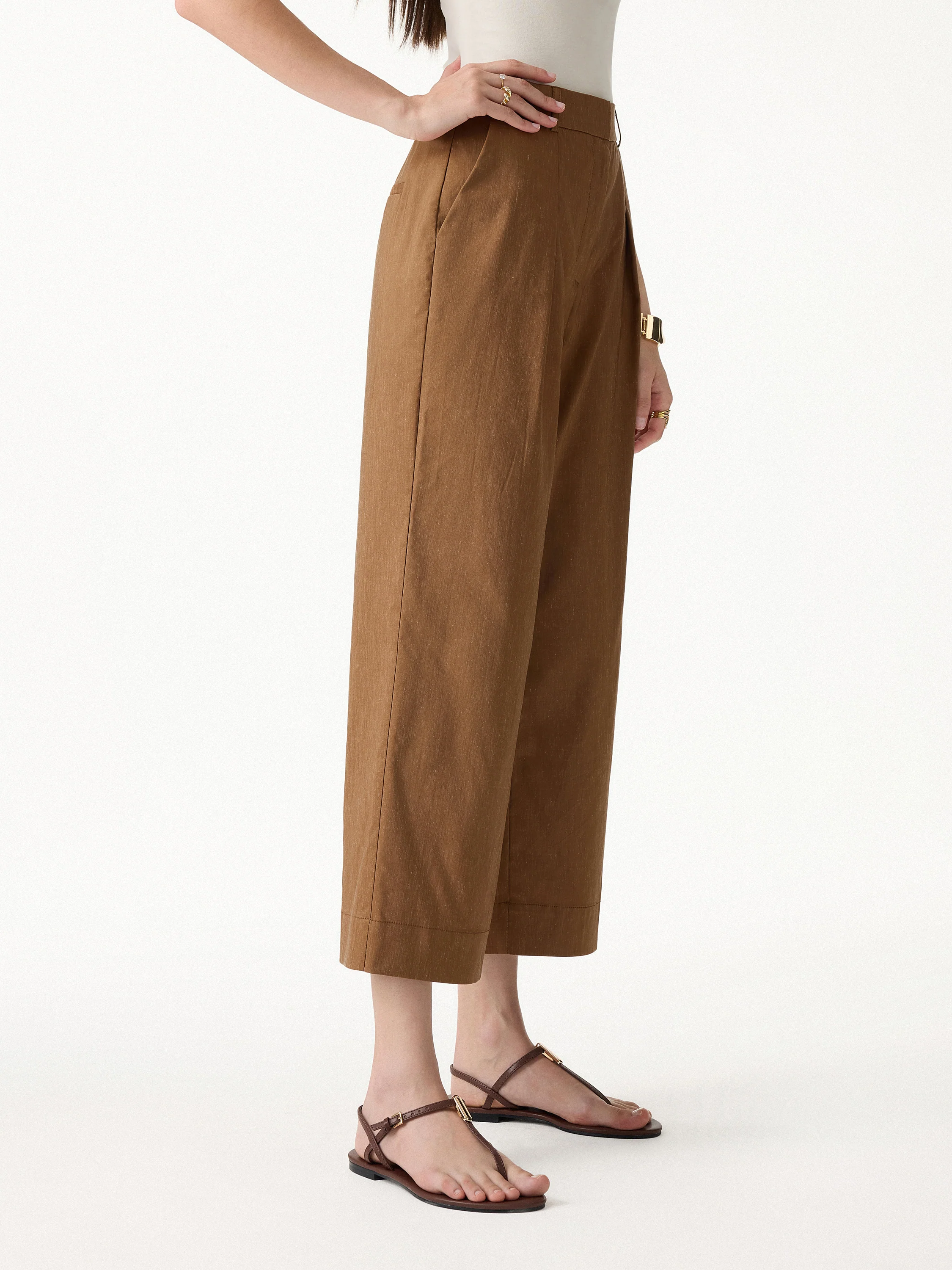 Wrinkle-Resistant Linen Cropped Wide Leg Pants