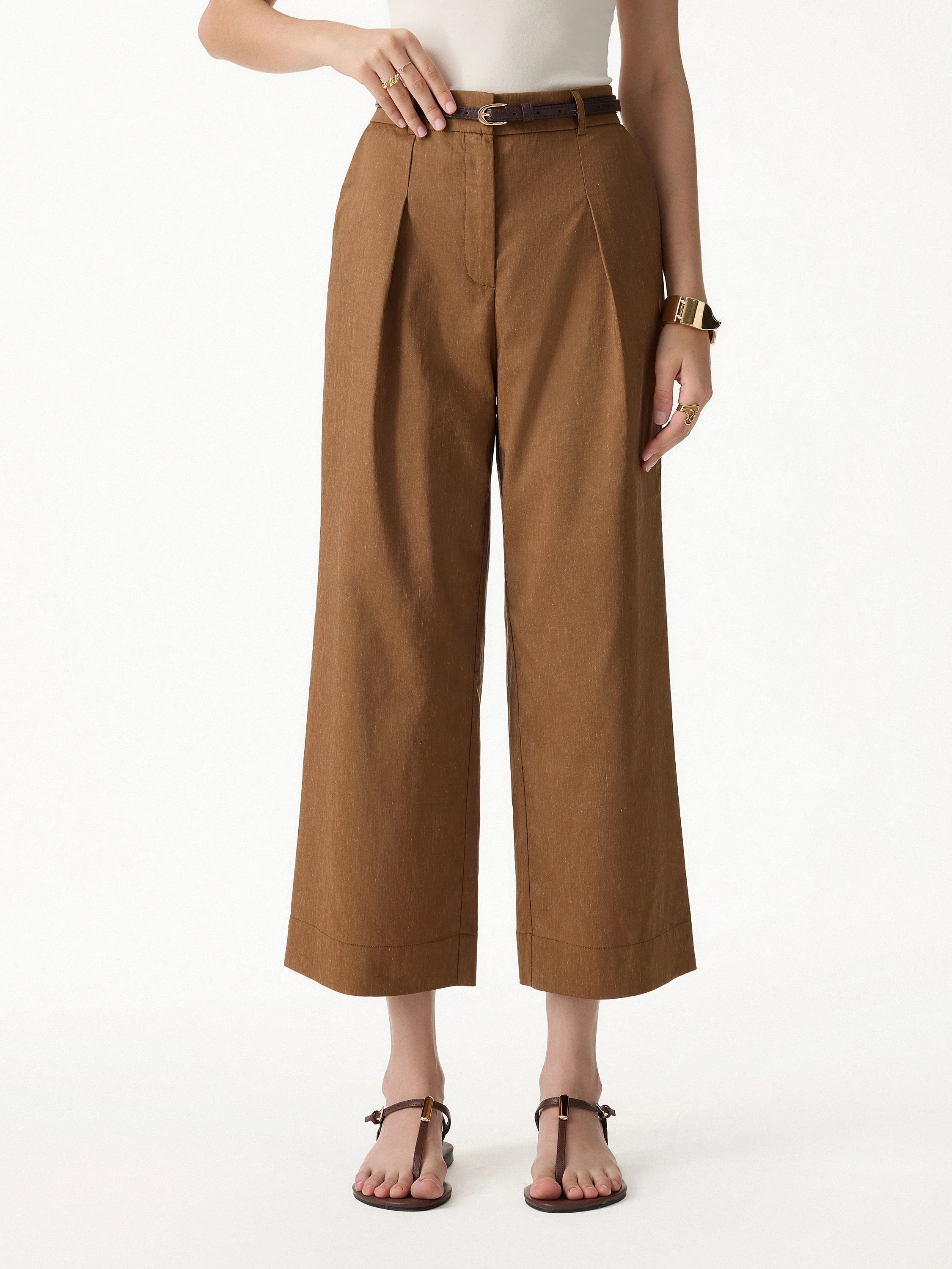 Wrinkle-Resistant Linen Cropped Wide Leg Pants - Image 4