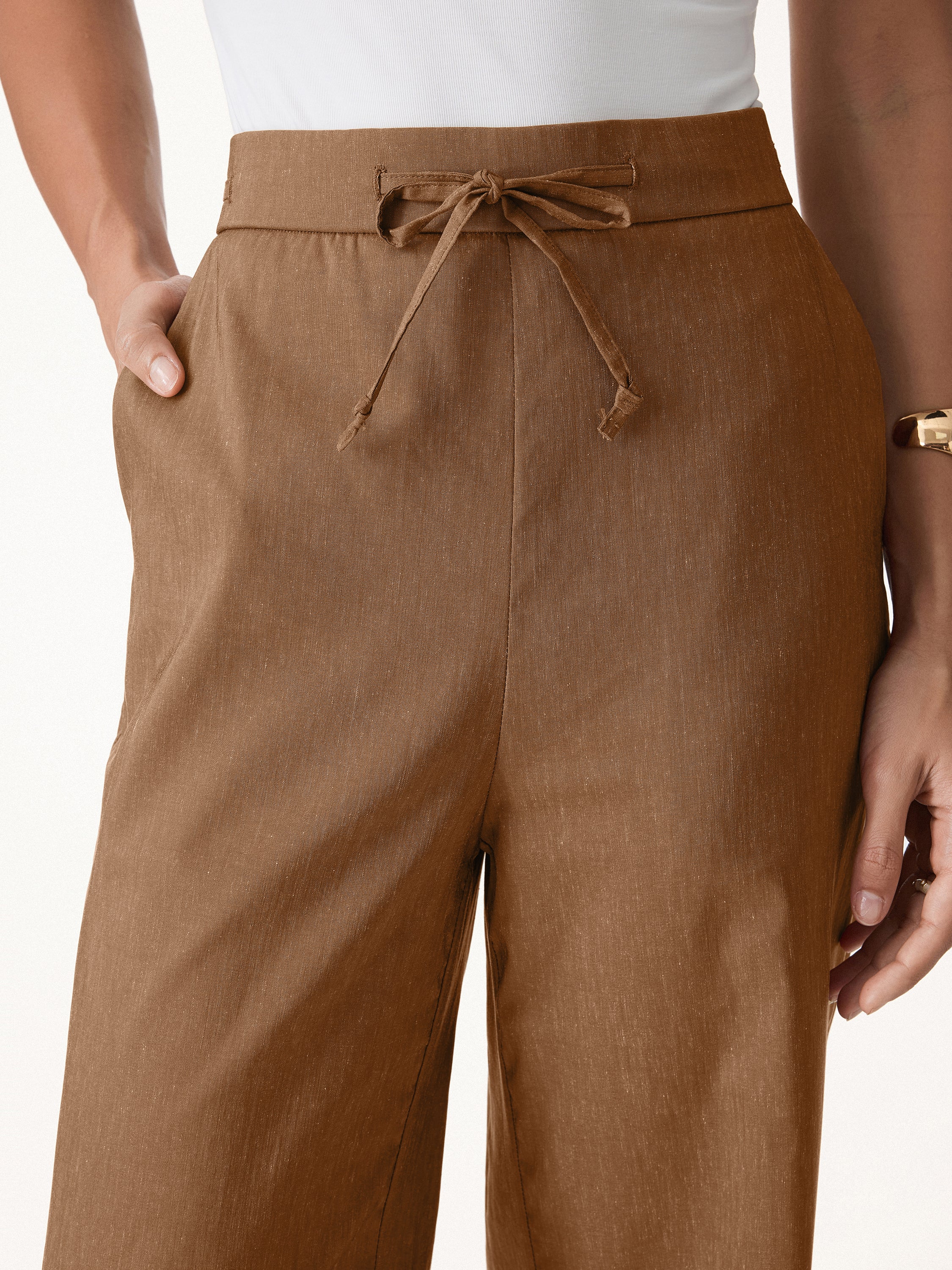 Wrinkle-Resistant Linen Drawstring Wide Leg Pant with Pockets - Image 7