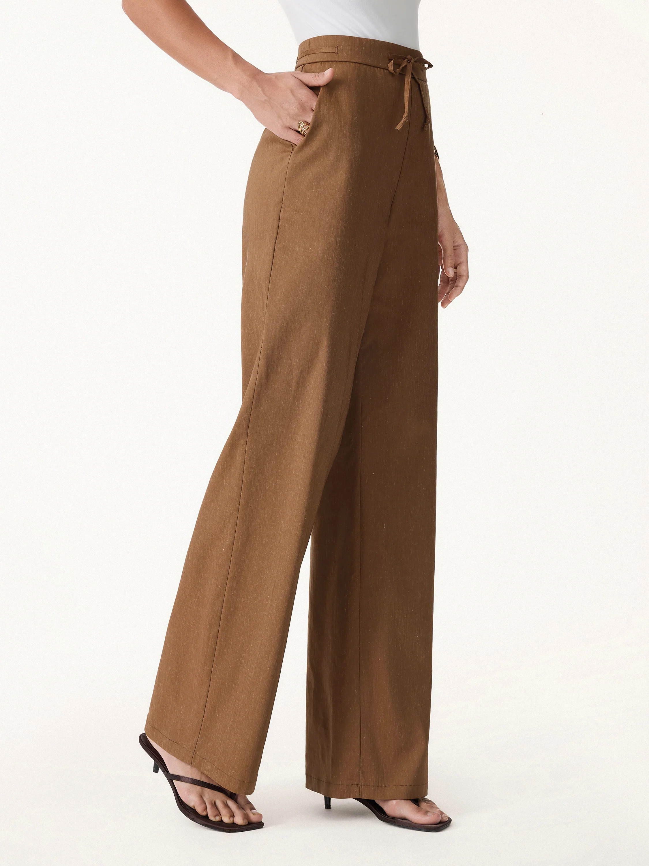 Wrinkle-Resistant Linen Drawstring Wide Leg Pant with Pockets - Image 9