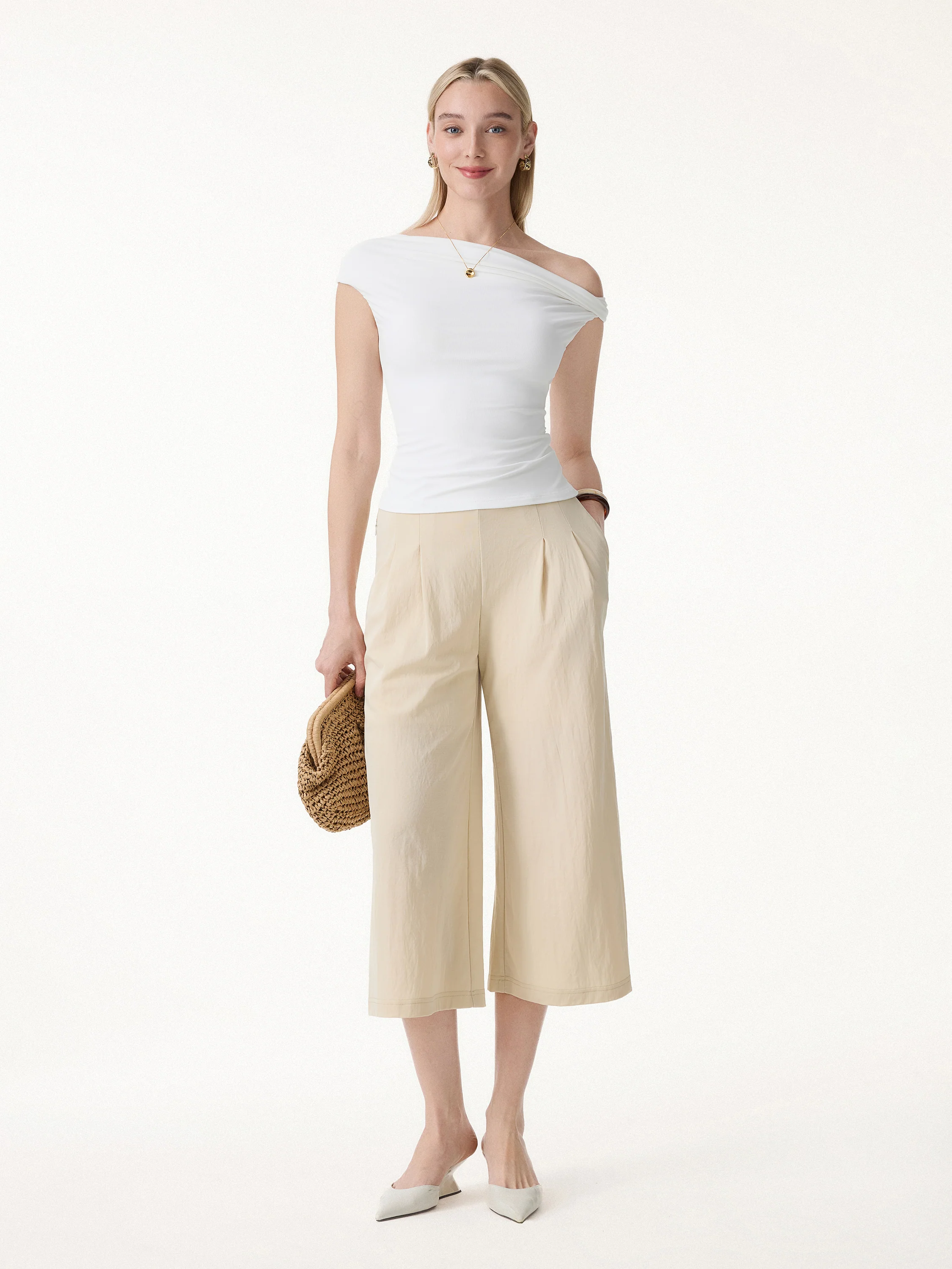 Wrinkle-Resistant Linen-Like Cropped Wide Leg Pants - Image 4